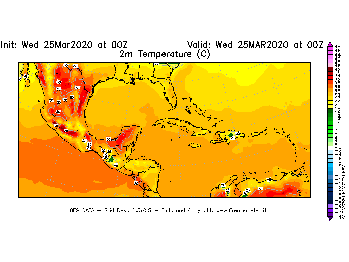 Mappa di analisi GFS - Temperatura a 2 metri dal suolo [°C] in Centro-America
							del 25/03/2020 00 <!--googleoff: index-->UTC<!--googleon: index-->
