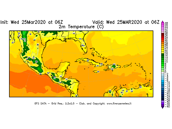 Mappa di analisi GFS - Temperatura a 2 metri dal suolo [°C] in Centro-America
							del 25/03/2020 06 <!--googleoff: index-->UTC<!--googleon: index-->
