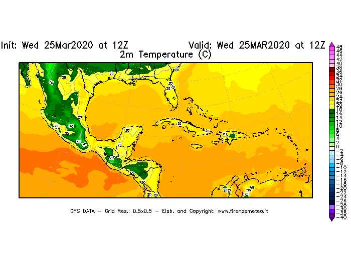 Mappa di analisi GFS - Temperatura a 2 metri dal suolo [°C] in Centro-America
							del 25/03/2020 12 <!--googleoff: index-->UTC<!--googleon: index-->