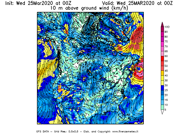 Mappa di analisi GFS - Velocità del vento a 10 metri dal suolo [km/h] in Nord-America
							del 25/03/2020 00 <!--googleoff: index-->UTC<!--googleon: index-->
