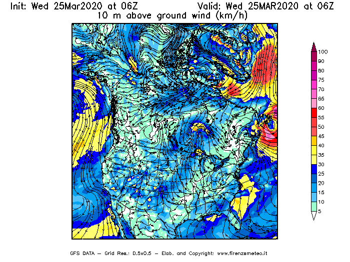 Mappa di analisi GFS - Velocità del vento a 10 metri dal suolo [km/h] in Nord-America
							del 25/03/2020 06 <!--googleoff: index-->UTC<!--googleon: index-->