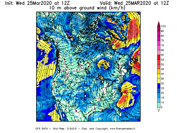 Mappa di analisi GFS - Velocità del vento a 10 metri dal suolo [km/h] in Nord-America
							del 25/03/2020 12 <!--googleoff: index-->UTC<!--googleon: index-->