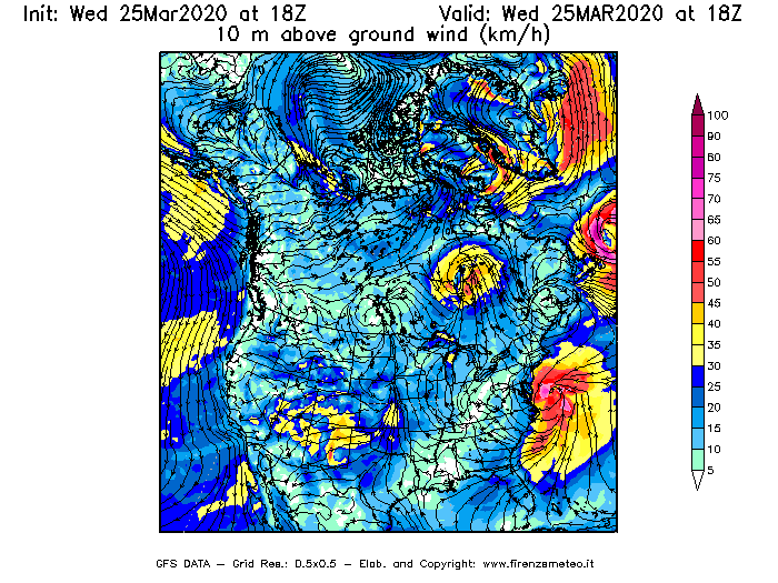 Mappa di analisi GFS - Velocità del vento a 10 metri dal suolo [km/h] in Nord-America
							del 25/03/2020 18 <!--googleoff: index-->UTC<!--googleon: index-->