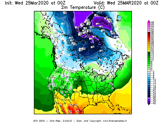 Mappa di analisi GFS - Temperatura a 2 metri dal suolo [°C] in Nord-America
							del 25/03/2020 00 <!--googleoff: index-->UTC<!--googleon: index-->