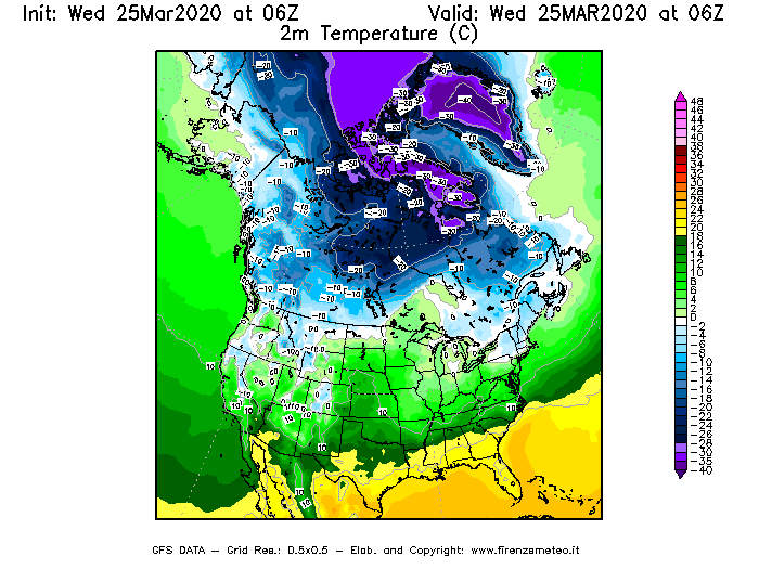Mappa di analisi GFS - Temperatura a 2 metri dal suolo [°C] in Nord-America
							del 25/03/2020 06 <!--googleoff: index-->UTC<!--googleon: index-->