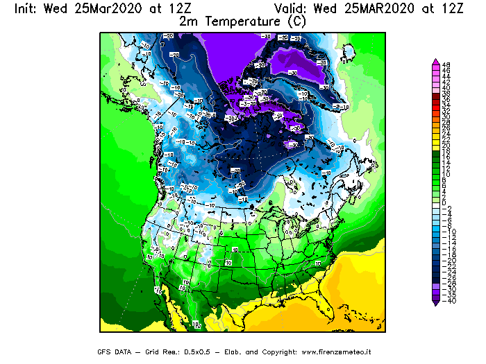 Mappa di analisi GFS - Temperatura a 2 metri dal suolo [°C] in Nord-America
							del 25/03/2020 12 <!--googleoff: index-->UTC<!--googleon: index-->