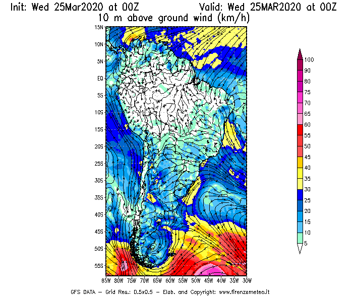 Mappa di analisi GFS - Velocità del vento a 10 metri dal suolo [km/h] in Sud-America
							del 25/03/2020 00 <!--googleoff: index-->UTC<!--googleon: index-->