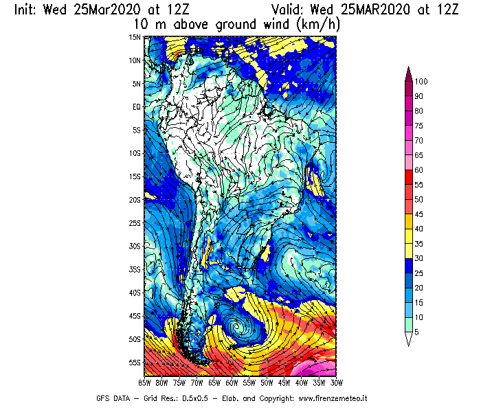 Mappa di analisi GFS - Velocità del vento a 10 metri dal suolo [km/h] in Sud-America
							del 25/03/2020 12 <!--googleoff: index-->UTC<!--googleon: index-->