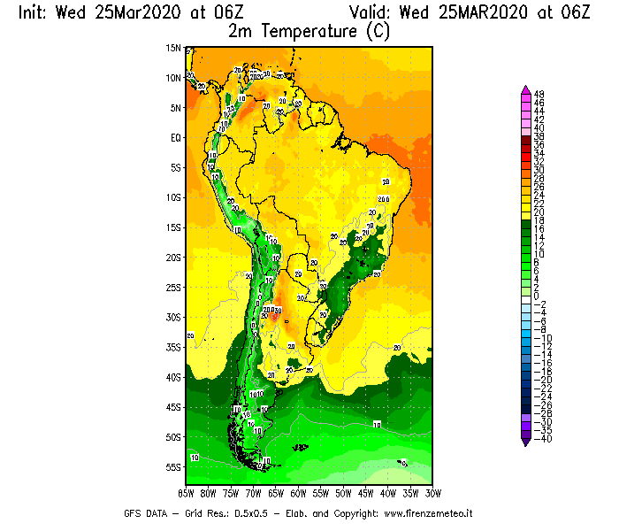 Mappa di analisi GFS - Temperatura a 2 metri dal suolo [°C] in Sud-America
							del 25/03/2020 06 <!--googleoff: index-->UTC<!--googleon: index-->