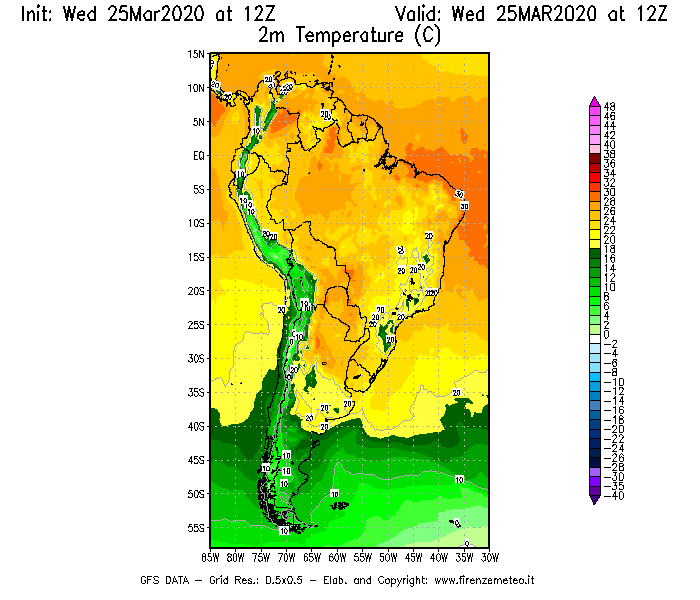 Mappa di analisi GFS - Temperatura a 2 metri dal suolo [°C] in Sud-America
							del 25/03/2020 12 <!--googleoff: index-->UTC<!--googleon: index-->