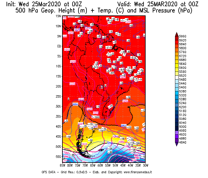 Mappa di analisi GFS - Geopotenziale [m] + Temp. [°C] a 500 hPa + Press. a livello del mare [hPa] in Sud-America
							del 25/03/2020 00 <!--googleoff: index-->UTC<!--googleon: index-->