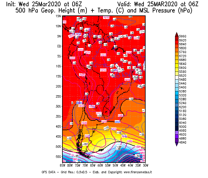 Mappa di analisi GFS - Geopotenziale [m] + Temp. [°C] a 500 hPa + Press. a livello del mare [hPa] in Sud-America
							del 25/03/2020 06 <!--googleoff: index-->UTC<!--googleon: index-->