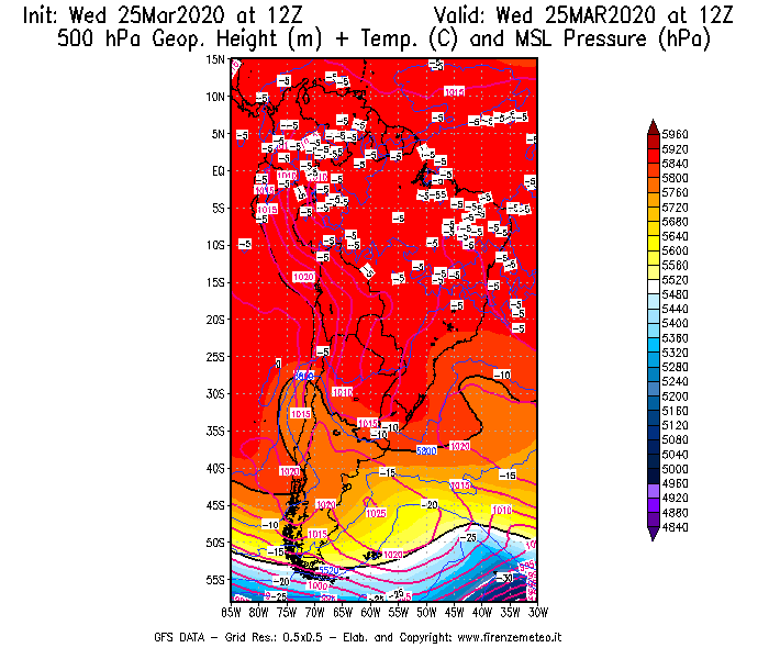 Mappa di analisi GFS - Geopotenziale [m] + Temp. [°C] a 500 hPa + Press. a livello del mare [hPa] in Sud-America
							del 25/03/2020 12 <!--googleoff: index-->UTC<!--googleon: index-->
