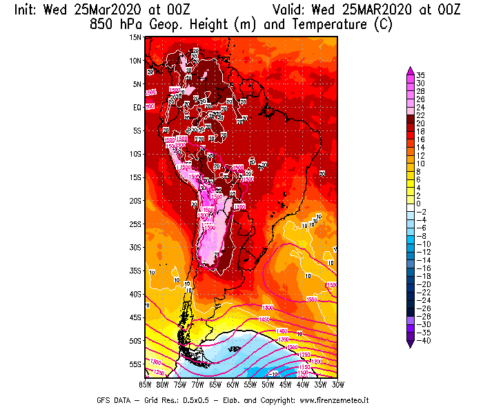 Mappa di analisi GFS - Geopotenziale [m] e Temperatura [°C] a 850 hPa in Sud-America
							del 25/03/2020 00 <!--googleoff: index-->UTC<!--googleon: index-->