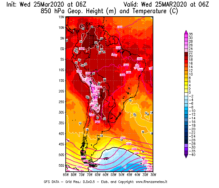 Mappa di analisi GFS - Geopotenziale [m] e Temperatura [°C] a 850 hPa in Sud-America
							del 25/03/2020 06 <!--googleoff: index-->UTC<!--googleon: index-->