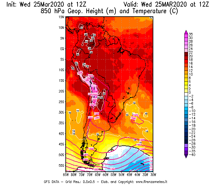 Mappa di analisi GFS - Geopotenziale [m] e Temperatura [°C] a 850 hPa in Sud-America
							del 25/03/2020 12 <!--googleoff: index-->UTC<!--googleon: index-->