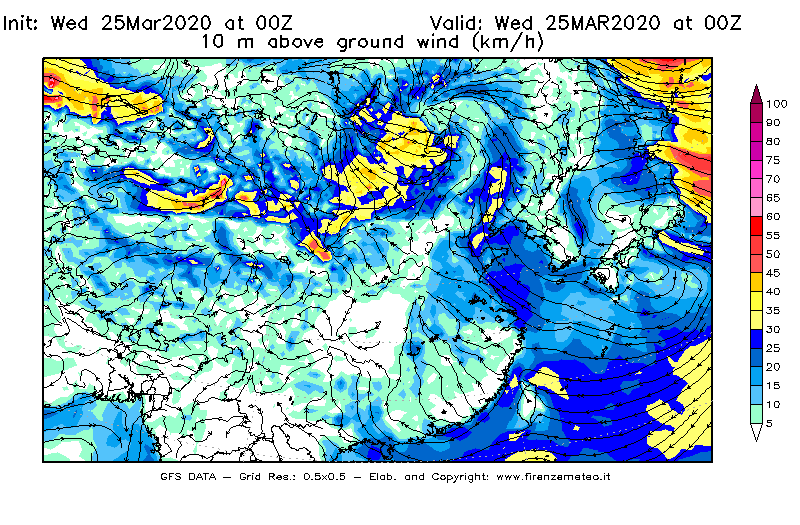 Mappa di analisi GFS - Velocità del vento a 10 metri dal suolo [km/h] in Asia Orientale
							del 25/03/2020 00 <!--googleoff: index-->UTC<!--googleon: index-->
