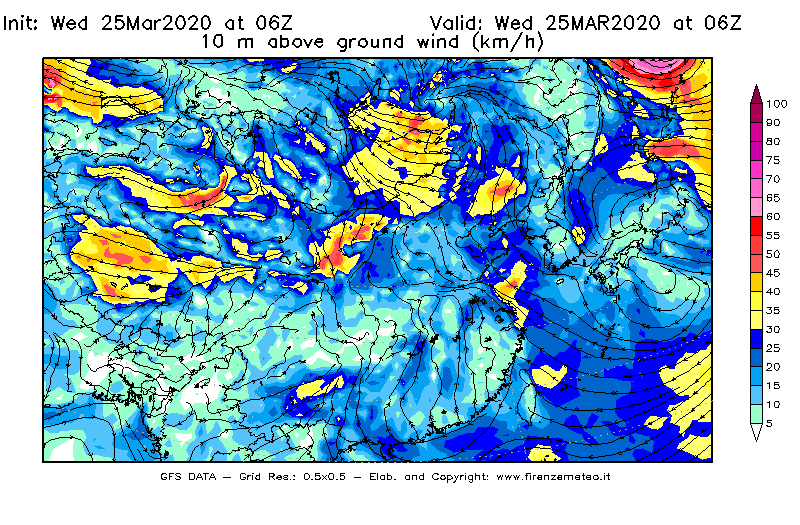 Mappa di analisi GFS - Velocità del vento a 10 metri dal suolo [km/h] in Asia Orientale
							del 25/03/2020 06 <!--googleoff: index-->UTC<!--googleon: index-->