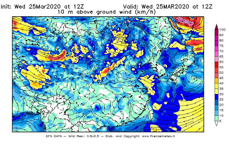Mappa di analisi GFS - Velocità del vento a 10 metri dal suolo [km/h] in Asia Orientale
							del 25/03/2020 12 <!--googleoff: index-->UTC<!--googleon: index-->