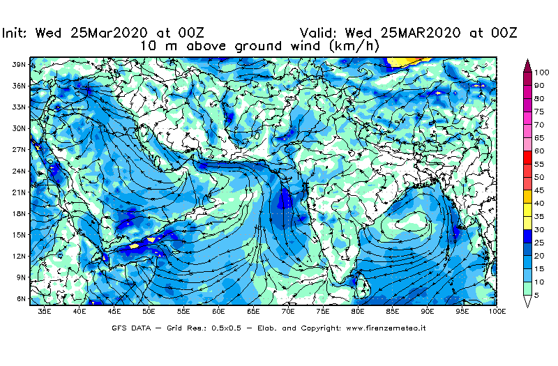 Mappa di analisi GFS - Velocità del vento a 10 metri dal suolo [km/h] in Asia Sud-Occidentale
							del 25/03/2020 00 <!--googleoff: index-->UTC<!--googleon: index-->