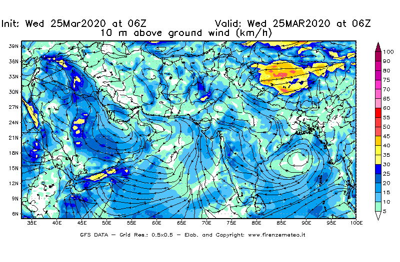 Mappa di analisi GFS - Velocità del vento a 10 metri dal suolo [km/h] in Asia Sud-Occidentale
							del 25/03/2020 06 <!--googleoff: index-->UTC<!--googleon: index-->