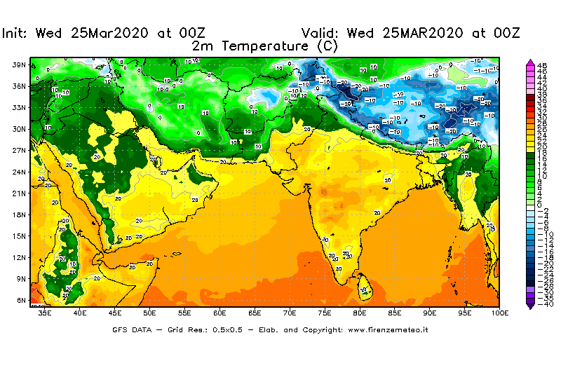 Mappa di analisi GFS - Temperatura a 2 metri dal suolo [°C] in Asia Sud-Occidentale
							del 25/03/2020 00 <!--googleoff: index-->UTC<!--googleon: index-->