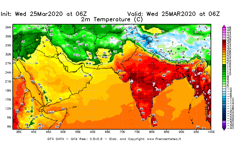 Mappa di analisi GFS - Temperatura a 2 metri dal suolo [°C] in Asia Sud-Occidentale
							del 25/03/2020 06 <!--googleoff: index-->UTC<!--googleon: index-->
