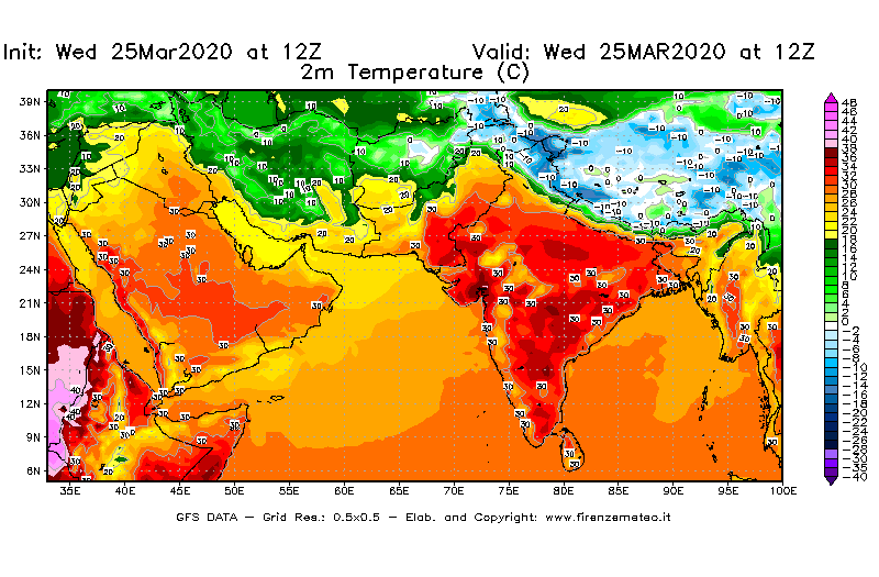 Mappa di analisi GFS - Temperatura a 2 metri dal suolo [°C] in Asia Sud-Occidentale
							del 25/03/2020 12 <!--googleoff: index-->UTC<!--googleon: index-->