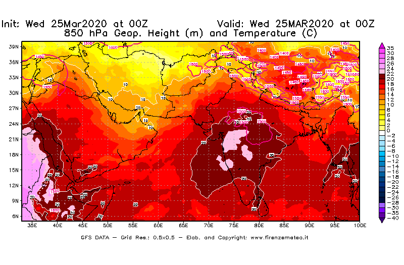 Mappa di analisi GFS - Geopotenziale [m] e Temperatura [°C] a 850 hPa in Asia Sud-Occidentale
							del 25/03/2020 00 <!--googleoff: index-->UTC<!--googleon: index-->