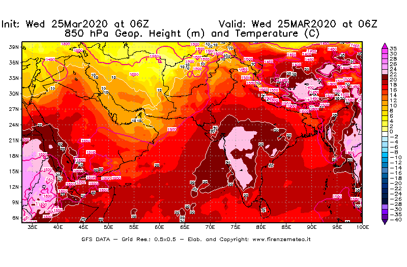 Mappa di analisi GFS - Geopotenziale [m] e Temperatura [°C] a 850 hPa in Asia Sud-Occidentale
							del 25/03/2020 06 <!--googleoff: index-->UTC<!--googleon: index-->