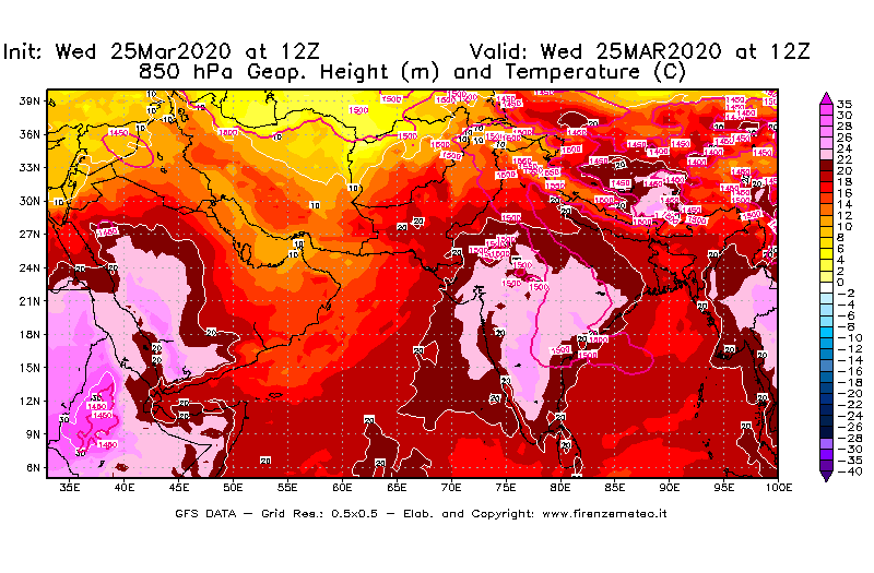 Mappa di analisi GFS - Geopotenziale [m] e Temperatura [°C] a 850 hPa in Asia Sud-Occidentale
							del 25/03/2020 12 <!--googleoff: index-->UTC<!--googleon: index-->