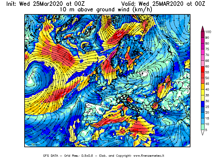 Mappa di analisi GFS - Velocità del vento a 10 metri dal suolo [km/h] in Europa
							del 25/03/2020 00 <!--googleoff: index-->UTC<!--googleon: index-->