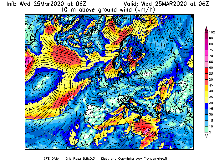 Mappa di analisi GFS - Velocità del vento a 10 metri dal suolo [km/h] in Europa
							del 25/03/2020 06 <!--googleoff: index-->UTC<!--googleon: index-->