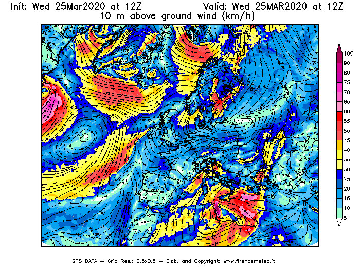 Mappa di analisi GFS - Velocità del vento a 10 metri dal suolo [km/h] in Europa
							del 25/03/2020 12 <!--googleoff: index-->UTC<!--googleon: index-->
