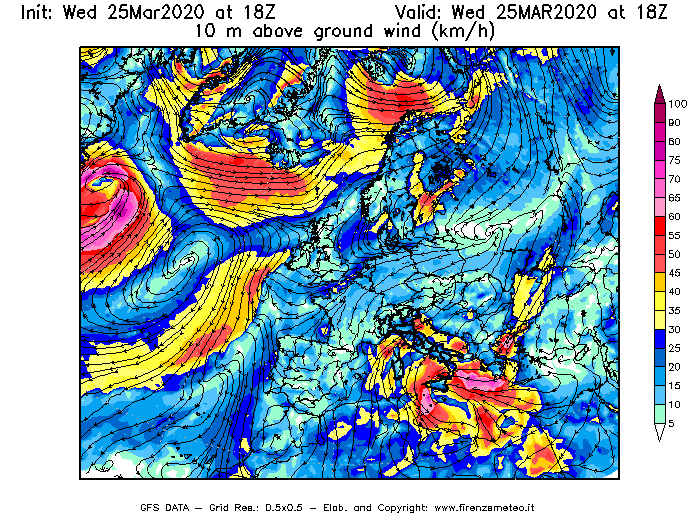 Mappa di analisi GFS - Velocità del vento a 10 metri dal suolo [km/h] in Europa
							del 25/03/2020 18 <!--googleoff: index-->UTC<!--googleon: index-->