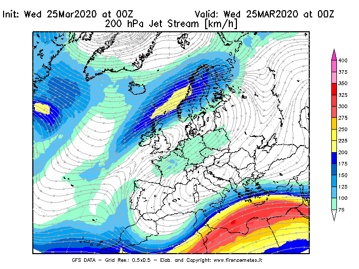 Mappa di analisi GFS - Jet Stream a 200 hPa in Europa
							del 25/03/2020 00 <!--googleoff: index-->UTC<!--googleon: index-->