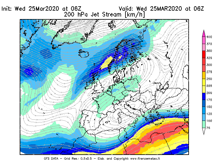Mappa di analisi GFS - Jet Stream a 200 hPa in Europa
							del 25/03/2020 06 <!--googleoff: index-->UTC<!--googleon: index-->
