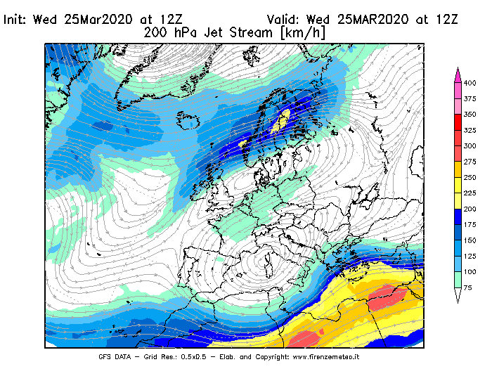 Mappa di analisi GFS - Jet Stream a 200 hPa in Europa
							del 25/03/2020 12 <!--googleoff: index-->UTC<!--googleon: index-->