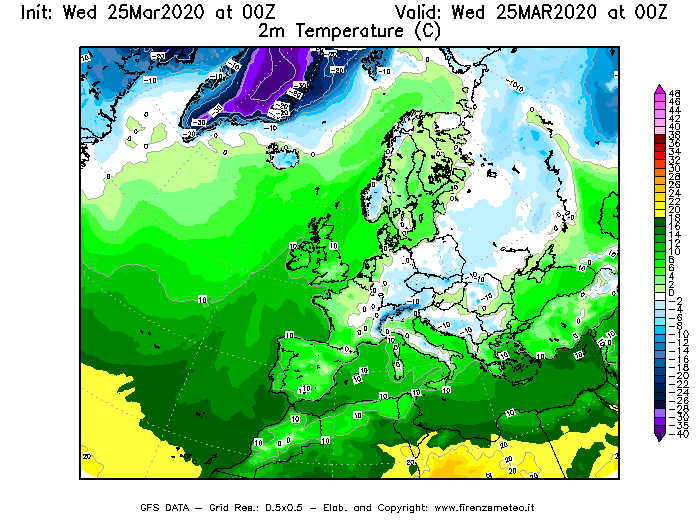 Mappa di analisi GFS - Temperatura a 2 metri dal suolo [°C] in Europa
							del 25/03/2020 00 <!--googleoff: index-->UTC<!--googleon: index-->