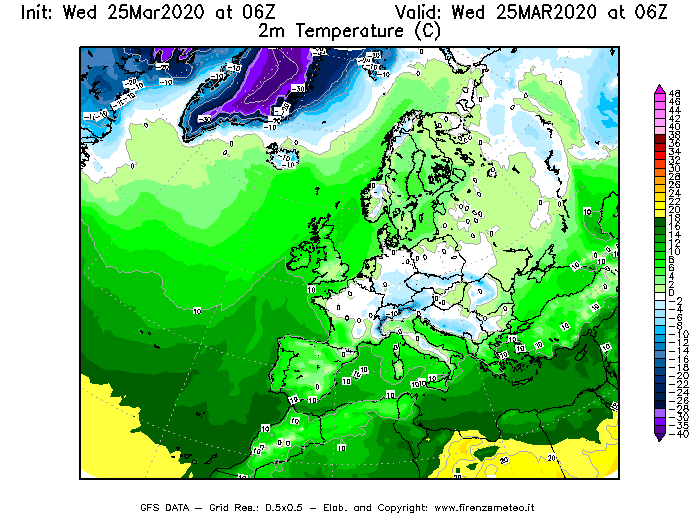 Mappa di analisi GFS - Temperatura a 2 metri dal suolo [°C] in Europa
							del 25/03/2020 06 <!--googleoff: index-->UTC<!--googleon: index-->