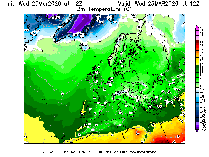 Mappa di analisi GFS - Temperatura a 2 metri dal suolo [°C] in Europa
							del 25/03/2020 12 <!--googleoff: index-->UTC<!--googleon: index-->