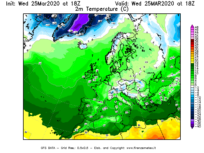 Mappa di analisi GFS - Temperatura a 2 metri dal suolo [°C] in Europa
							del 25/03/2020 18 <!--googleoff: index-->UTC<!--googleon: index-->