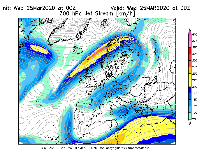 Mappa di analisi GFS - Jet Stream a 300 hPa in Europa
							del 25/03/2020 00 <!--googleoff: index-->UTC<!--googleon: index-->