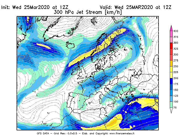 Mappa di analisi GFS - Jet Stream a 300 hPa in Europa
							del 25/03/2020 12 <!--googleoff: index-->UTC<!--googleon: index-->
