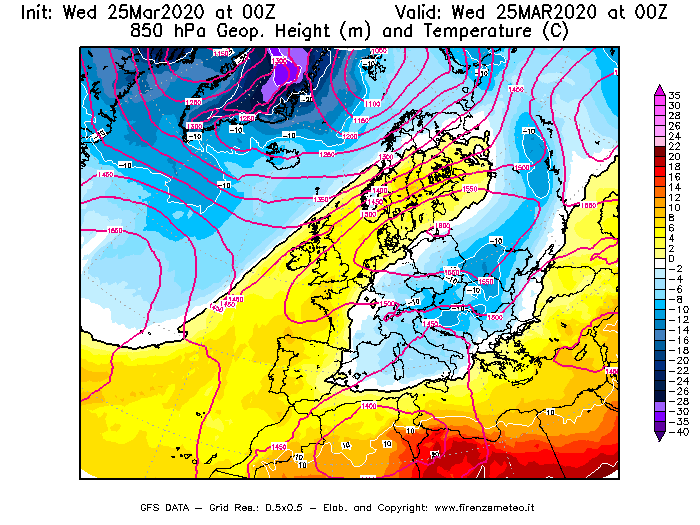 Mappa di analisi GFS - Geopotenziale [m] e Temperatura [°C] a 850 hPa in Europa
							del 25/03/2020 00 <!--googleoff: index-->UTC<!--googleon: index-->