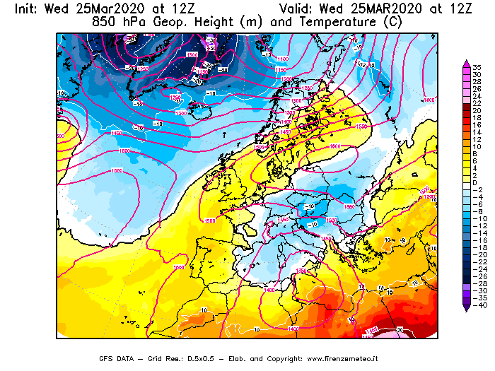 Mappa di analisi GFS - Geopotenziale [m] e Temperatura [°C] a 850 hPa in Europa
							del 25/03/2020 12 <!--googleoff: index-->UTC<!--googleon: index-->