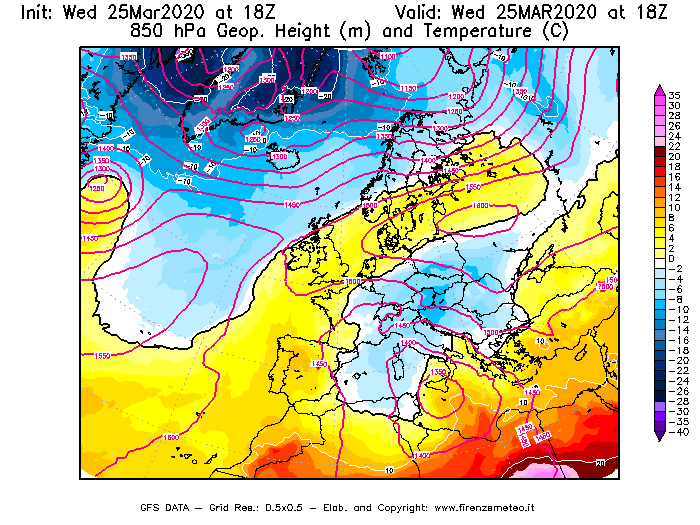 Mappa di analisi GFS - Geopotenziale [m] e Temperatura [°C] a 850 hPa in Europa
							del 25/03/2020 18 <!--googleoff: index-->UTC<!--googleon: index-->