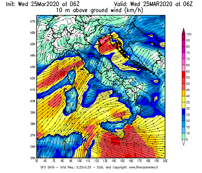 Mappa di analisi GFS - Velocità del vento a 10 metri dal suolo [km/h] in Italia
							del 25/03/2020 06 <!--googleoff: index-->UTC<!--googleon: index-->