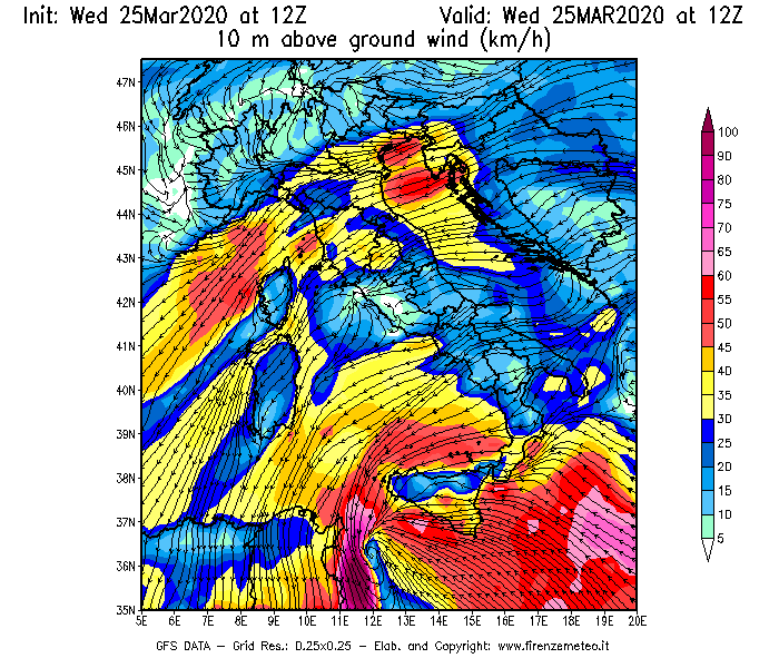 Mappa di analisi GFS - Velocità del vento a 10 metri dal suolo [km/h] in Italia
							del 25/03/2020 12 <!--googleoff: index-->UTC<!--googleon: index-->