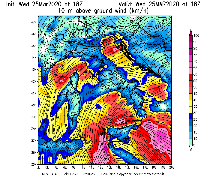 Mappa di analisi GFS - Velocità del vento a 10 metri dal suolo [km/h] in Italia
							del 25/03/2020 18 <!--googleoff: index-->UTC<!--googleon: index-->
